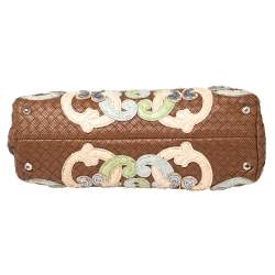 Pre Owned Bottega Veneta Brown Perforated Intrecciato Leather Embroidered Satchel