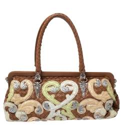 Pre Owned Bottega Veneta Brown Perforated Intrecciato Leather Embroidered Satchel