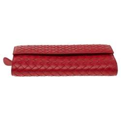 Pre Owned Bottega Veneta Red Intrecciato Leather Flap Continental Wallet