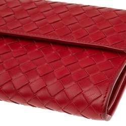 Pre Owned Bottega Veneta Red Intrecciato Leather Flap Continental Wallet