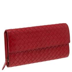 Pre Owned Bottega Veneta Red Intrecciato Leather Flap Continental Wallet