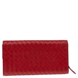 Pre Owned Bottega Veneta Red Intrecciato Leather Flap Continental Wallet
