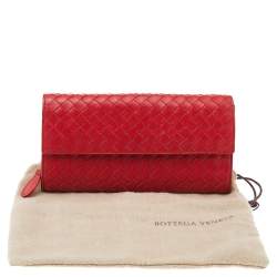 Pre Owned Bottega Veneta Red Intrecciato Leather Flap Continental Wallet