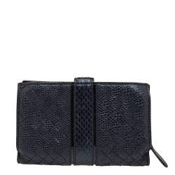 Pre Owned Bottega Veneta Metallic Blue Intrecciato Karung and Python Compact Wallet
