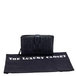 Pre Owned Bottega Veneta Metallic Blue Intrecciato Karung and Python Compact Wallet