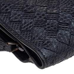 Pre Owned Bottega Veneta Metallic Blue Intrecciato Karung and Python Compact Wallet