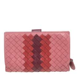 Pre Owned Bottega Veneta Tri Color Intrecciato Leather French Flap Wallet