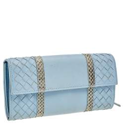 Bottega Veneta Powder Blue Intrecciato Leather and Snakeskin Trim Flap Continental Wallet