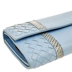 Bottega Veneta Powder Blue Intrecciato Leather and Snakeskin Trim Flap Continental Wallet