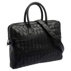 Pre Owned Bottega Veneta Black Intrecciato Leather Front Pocket Briefcase