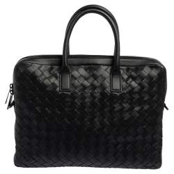 Pre Owned Bottega Veneta Black Intrecciato Leather Front Pocket Briefcase