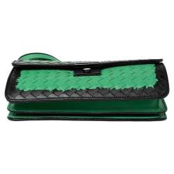 Pre Owned Bottega Veneta Green Leather Double Flap Shoulder Bag