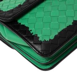 Pre Owned Bottega Veneta Green Leather Double Flap Shoulder Bag