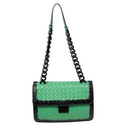 Pre Owned Bottega Veneta Green Leather Double Flap Shoulder Bag