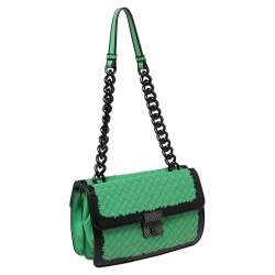 Pre Owned Bottega Veneta Green Leather Double Flap Shoulder Bag