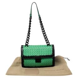Pre Owned Bottega Veneta Green Leather Double Flap Shoulder Bag