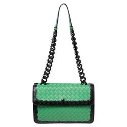 Pre Owned Bottega Veneta Green Leather Double Flap Shoulder Bag