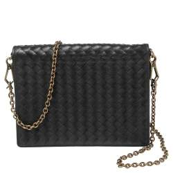 Pre Owned Bottega Veneta Black Intrecciato Leather Chain Crossbody Bag