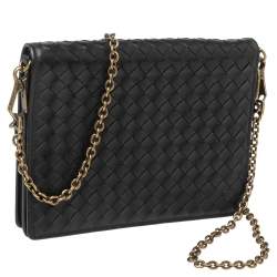 Pre Owned Bottega Veneta Black Intrecciato Leather Chain Crossbody Bag