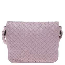 Pre Owned Bottega Veneta Pink Intrecciato Leather Flap Crossbody Bag