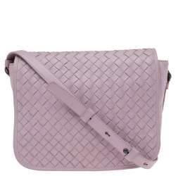 Pre Owned Bottega Veneta Pink Intrecciato Leather Flap Crossbody Bag