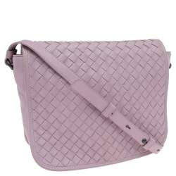 Pre Owned Bottega Veneta Pink Intrecciato Leather Flap Crossbody Bag