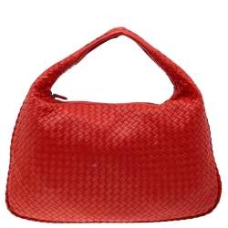 Pre Owned Bottega Veneta Orange Intrecciato Leather Medium Veneta Hobo