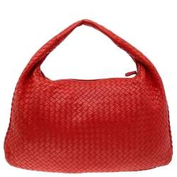 Pre Owned Bottega Veneta Orange Intrecciato Leather Medium Veneta Hobo