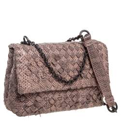 Pre Owned Bottega Veneta Beige/Black Intrecciato Snakeskin Olimpia Shoulder Bag