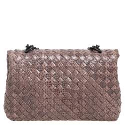 Pre Owned Bottega Veneta Beige/Black Intrecciato Snakeskin Olimpia Shoulder Bag