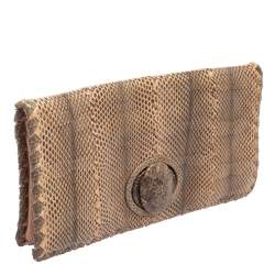 Pre Owned Bottega Veneta Beige/Black Python Turnlock Flap Clutch