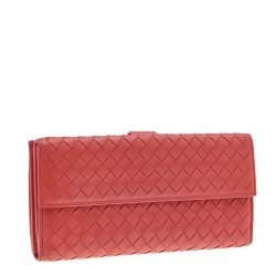 Pre Owned Bottega Veneta Orange Intrecciato Leather Wallet