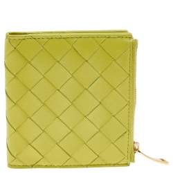 Pre Owned Bottega Veneta Lime Yellow Intrecciato Leather Compact Wallet