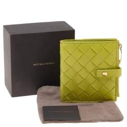 Pre Owned Bottega Veneta Lime Yellow Intrecciato Leather Compact Wallet