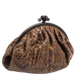 Pre Owned Bottega Veneta Brown/Beige Intrecciato Leather and Lizard Trim Knot Frame Clutch