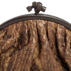 Pre Owned Bottega Veneta Brown/Beige Intrecciato Leather and Lizard Trim Knot Frame Clutch