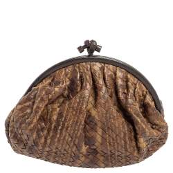Pre Owned Bottega Veneta Brown/Beige Intrecciato Leather and Lizard Trim Knot Frame Clutch