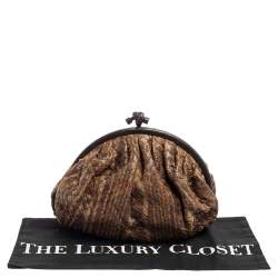 Pre Owned Bottega Veneta Brown/Beige Intrecciato Leather and Lizard Trim Knot Frame Clutch