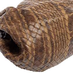 Pre Owned Bottega Veneta Brown/Beige Intrecciato Leather and Lizard Trim Knot Frame Clutch