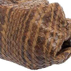 Pre Owned Bottega Veneta Brown/Beige Intrecciato Leather and Lizard Trim Knot Frame Clutch