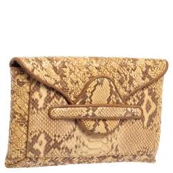 Pre Owned Bottega Veneta Cream Python Flap Clutch