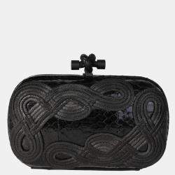 Pre Owned Bottega Veneta Black Snakeskin Leather Passameria Knot Clutch Bag 