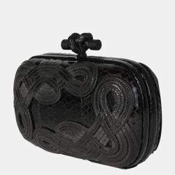 Pre Owned Bottega Veneta Black Snakeskin Leather Passameria Knot Clutch Bag 
