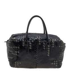 Bottega Veneta Black/Grey Python Intrecciato Leather Boston Bag