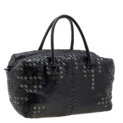 Bottega Veneta Black/Grey Python Intrecciato Leather Boston Bag