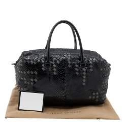 Bottega Veneta Black/Grey Python Intrecciato Leather Boston Bag