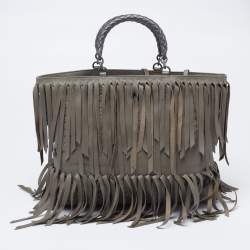 Pre Owned Bottega Veneta Moss Green Intrecciato Leather Fringe Tote 