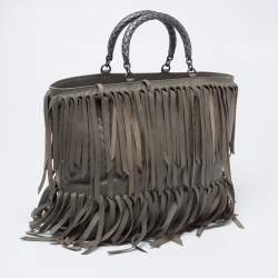 Pre Owned Bottega Veneta Moss Green Intrecciato Leather Fringe Tote 