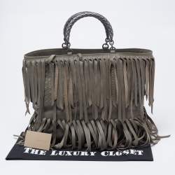 Pre Owned Bottega Veneta Moss Green Intrecciato Leather Fringe Tote 