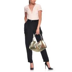 Pre Owned Bottega Veneta Metallic Gold Leather Intrecciato Aquilone Fortune Cookie Hobo